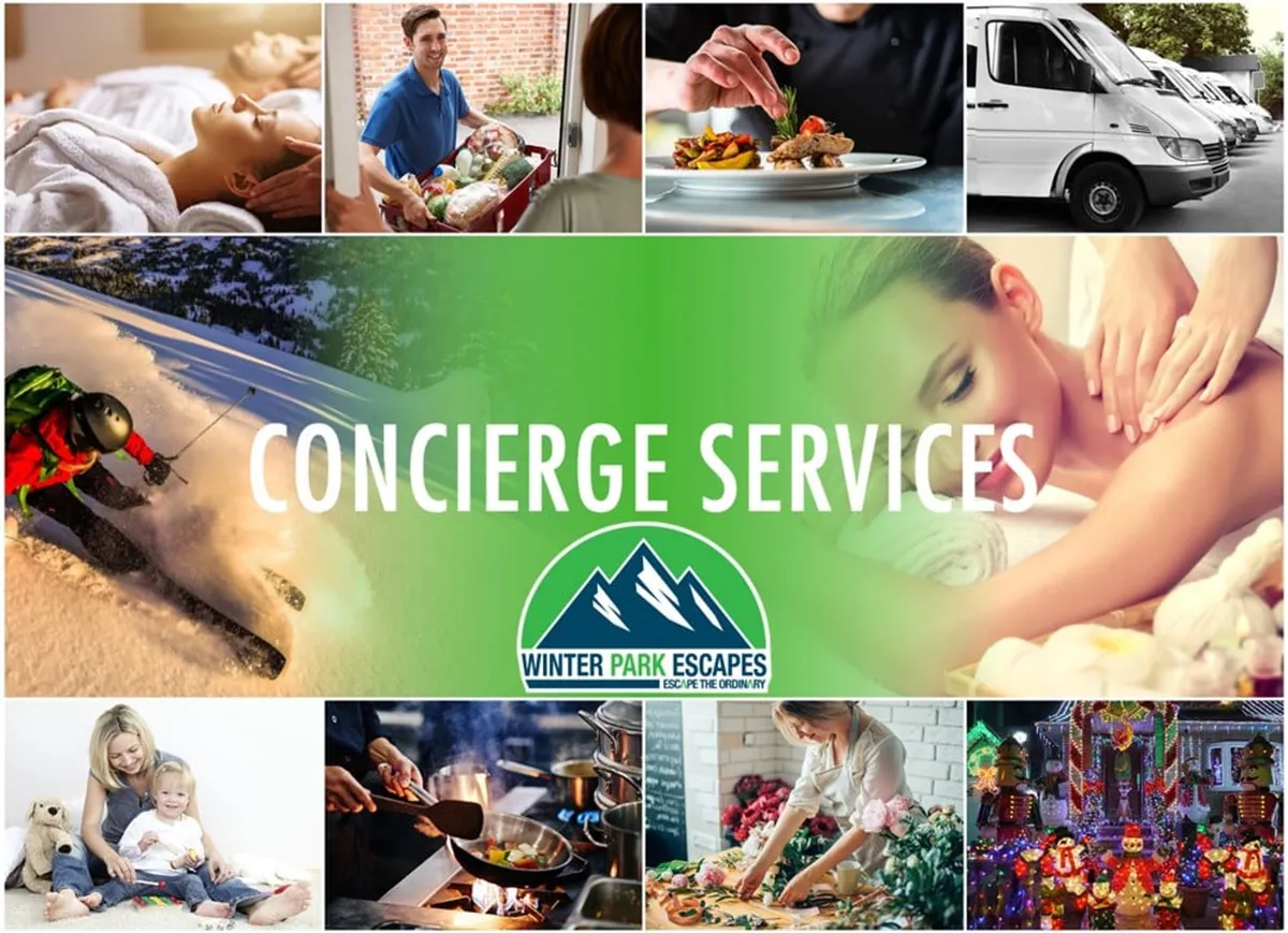 A vibrant montage showcasing spa services, meal delivery, skiing, family activities, cooking, and festive decorations. This image visually represents a range of experiences available throughout the year, including winter sports, family bonding, and luxurious relaxation.
