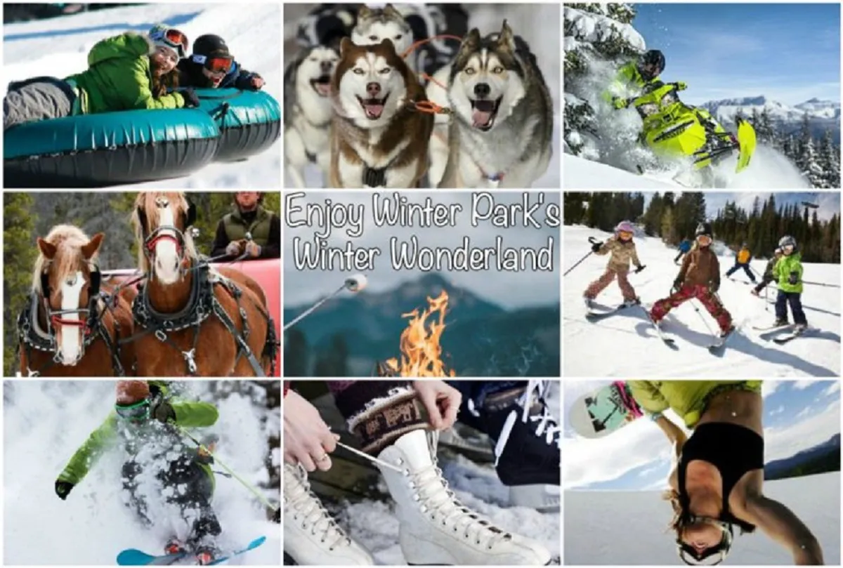 A lively winter scene with activities such as snow tubing, dog sledding, snowmobiling, and skiing. Children and families enjoy snowy landscapes, engaging in a variety of winter sports and games.