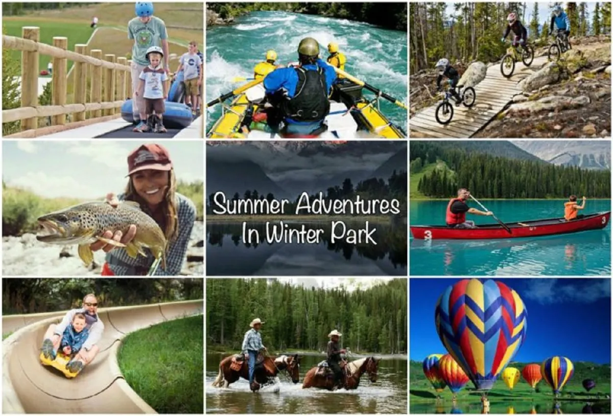 An energetic outdoor scene with families participating in a variety of adventure activities like rafting, biking, fishing, kayaking, and hot air ballooning, set against a vibrant background. The mood is joyful and adventurous.