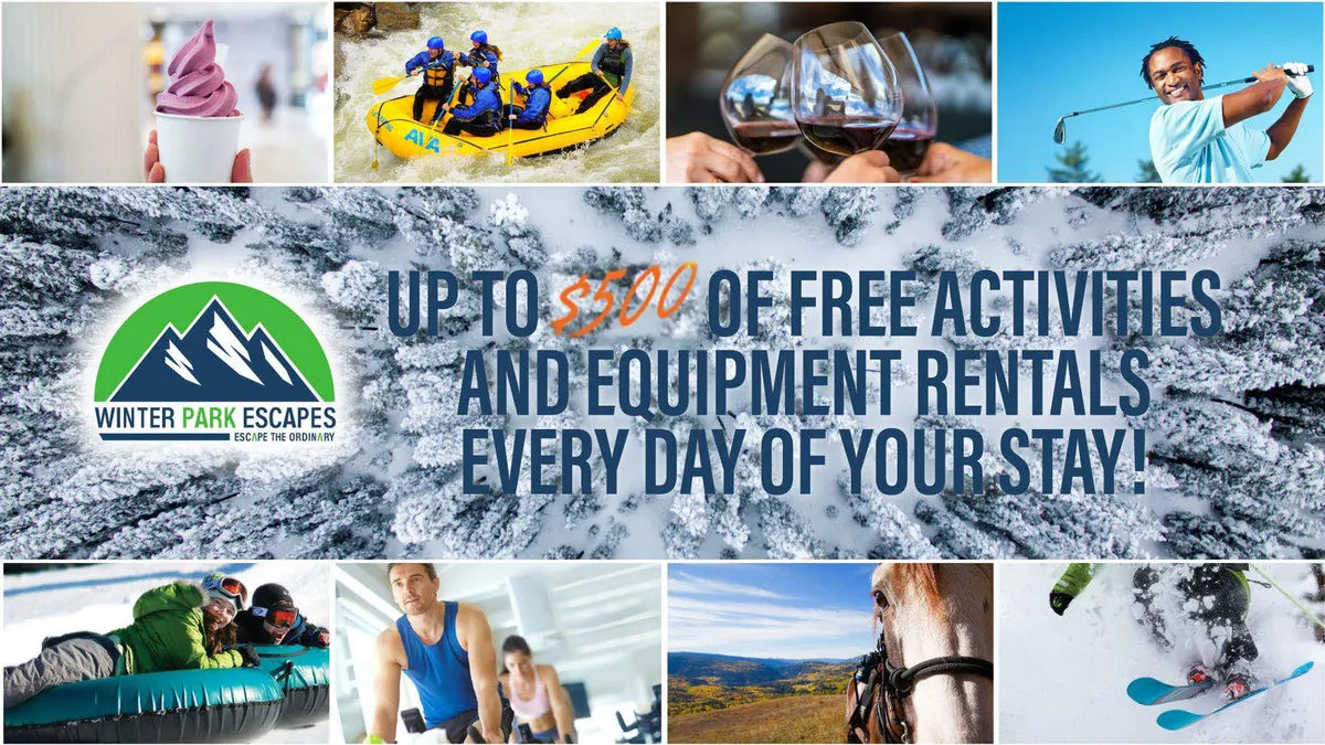 A dynamic exterior collage showcasing guests enjoying a variety of activities including white-water rafting, skiing, horseback riding, golfing, indoor dining, and snow tubing. The scene captures both summer and winter adventures and conveys the excitement of exploring the outdoors around Winter Park.